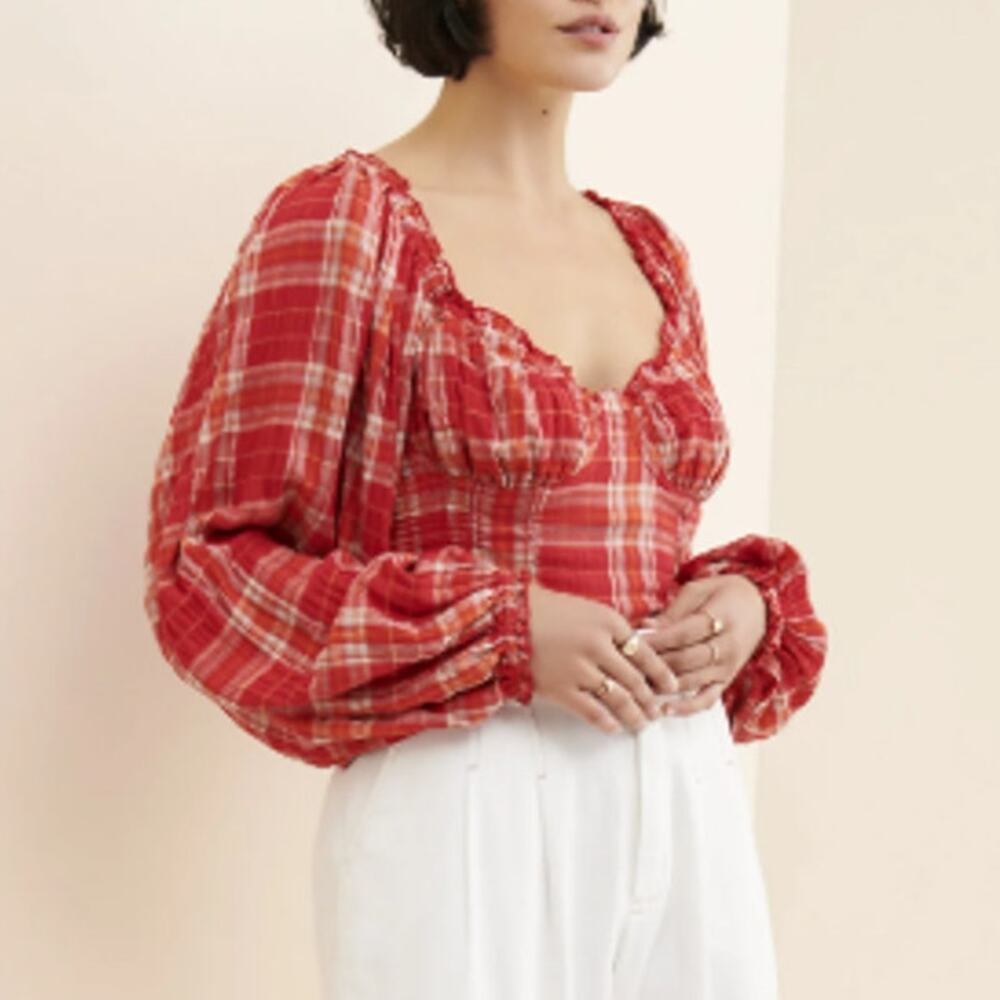 Free People Womens Cherry Bomb Plaid Top Size Small Smocked Cropped Long Sleeve